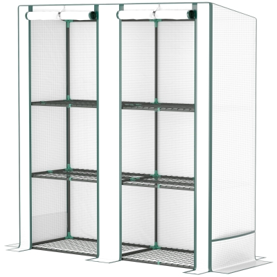 Outsunny Mini-Kas met 3-Laags Schap, Plastic Afdekking, UV-bestendig, Draagbaar, Roldeur, 144 x 48 x 152 cm, Wit