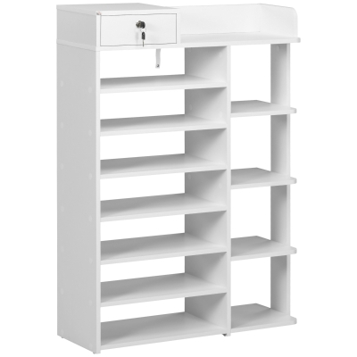 HOMCOM Estante Zapatero de Madera con 11 Estantes para 18 Pares de Zapatos y Armario con Cerradura 80x27x112 cm Blanco