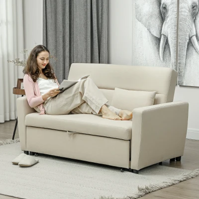 HOMCOM 2-Sitzer Sofa mit Bettfunktion, Verstellbarer Rückenlehne, Polstersofa, Samtoptik, für Wohnzimmer, Schlafzimmer, Beige