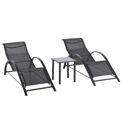 Outsunny Gartenlounge-Set, 2 Liegen mit Beistelltisch, atmungsaktiver Stoff, stabiler Metallrahmen, Schwarz