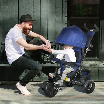 HOMCOM Triciclo para Bebés de +12 Meses con Mango de Empuje Telescópico y Desmontable Bolso para Mamá y Portabotellas Azul