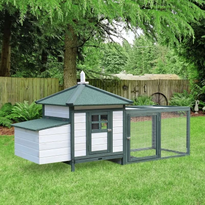 PawHut Hühnerstall für Zwerghühner 196 x 76 x 97 cm Hühnerhaus mit Nistkasten, Freilaufgehege Sitzstange, Kleintierstall aus Holz, Grün