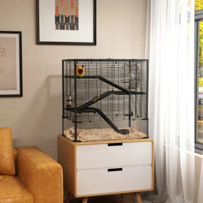 PawHut Hamsterkäfig mit Glasboden, 4-stufiges Hamstergehege mit Hütte und Zubehör, 78,5L x 48,5B x 80H cm, Schwarz