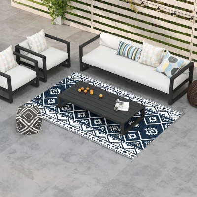 Outsunny Outdoorteppich Terrassenteppich, wetterbeständig, modernes Design, 182 cm x 274 cm x 0,3 cm, Schwarz + Weiß