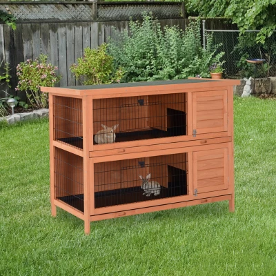 PawHut Clapier Lapin Bois Pin Double Niveau 137x50x93cm