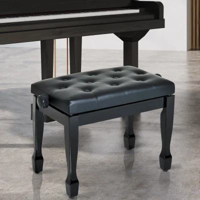 HOMCOM Klavierhocker Klavierbank Kosmetikhocker höhenverstellbar Hocker Üben von Musikinstrumenten Massivholz Kunstleder Schwarz 64 x 35 x 45-55 cm