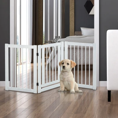 PawHut Absperrgitter Holz Freistehendes Schutzgitter für Hunde Türschutzgitter Verstellbares Hundegitter Treppengitter mit Füßen klappbares Kamingitter für Ofen Weiß 155 x 1,5 x 76 cm