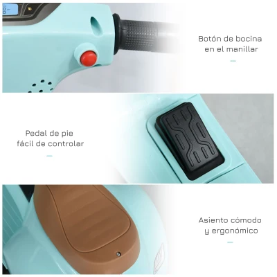 HOMCOM Motocicleta Infantil con Faro Bocina y 4 Ruedas Moto Eléctrica Vespa para Niños con Licencia 66,5x38x52 cm Verde(m-7)