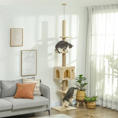 PawHut Árbol para Gatos de Suelo a Techo de 225-265 cm con Altura Ajustable Múltiples Plataformas Escalera Bola Colgante Beige