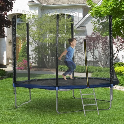 SPORTNOW Trampolín para Niños Adultos Ø305x250 cm con Red de Seguridad Escalera Cubierta de Bordes y Marco de Acero Azul