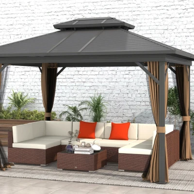 Outsunny Rattan Garden Set with Glass-Top Table Brown/Beige