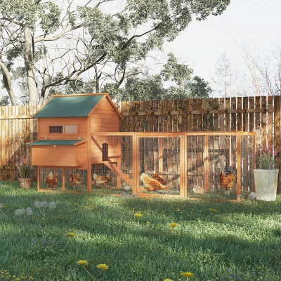 PawHut Gallinero de Exterior de Madera para 8-10 Gallinas con 2 Nidos Bandeja Extraíble y Rampa 347x160x150 cm Madera natural