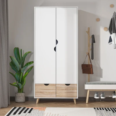 HOMCOM Kleiderschrank Garderobe Schrank mit Stange Schublade für Wohnzimmer Schlafzimmer Weiß+Natur 80 x 40 x 180 cm