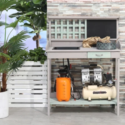 HOMCOM Pflanztisch Gärtnertisch Gartentisch Blumentisch mit Schublade und Wanne für den Garten Tannenholz Mintgrün + Grau 92 x 42,5 x 119,5 cm