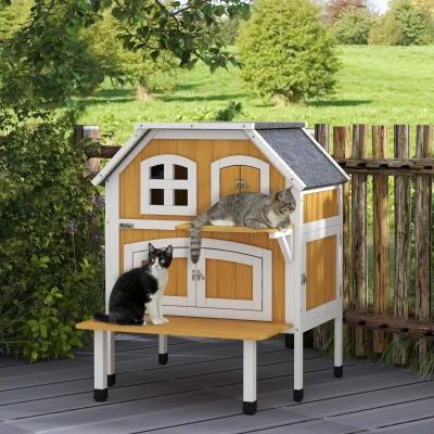 PawHut Caseta para Gatos de 2 Niveles 78x82x93 cm Refugio para Gatos con Techo Asfáltico Terraza y Plataforma de Salto Natural