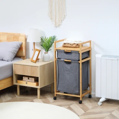 HOMCOM Cesto para Ropa Sucia Cesta para la Colada de Bambú con 2 Bolsas de Tela Extraíbles y Ruedas 42x35x84,5 cm Gris
