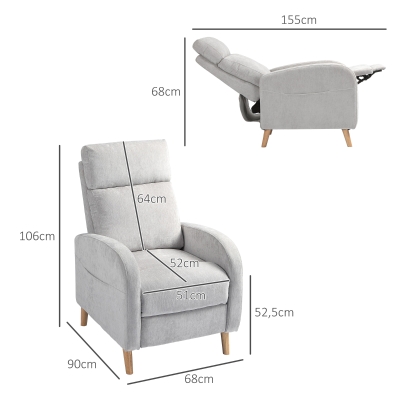 HOMCOM Sillón Relax Reclinable Tapizado en Lino Sintético con Reposapiés y Bolsillo Lateral Carga 120 kg Gris Claro(m-3)