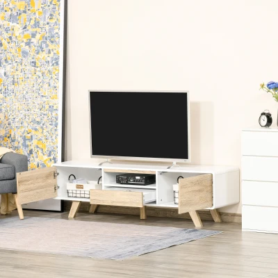 HOMCOM TV Schrank TV Lowboard Kommode für Fernseher kleiner als 60'' mit Push-In-Design Schublade Wohnzimmer MDF Weiß+Natur 160 x 40 x 45 cm