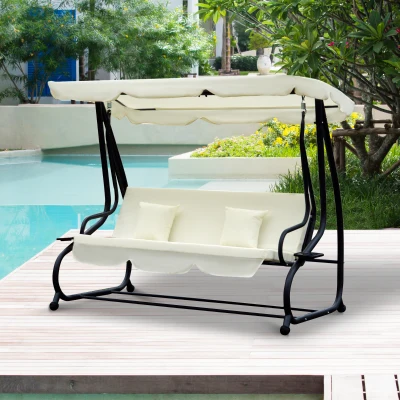Outsunny Schaukelstuhl 3-Sitzer Hollywoodschaukel Gartenschaukel mit Sitz- und Rückenlehnen Tablett Sitzbank Schwingbank Dachwinkel verstellbar Stahl Polyestergewebe Creme 200 x 120 x 164 cm