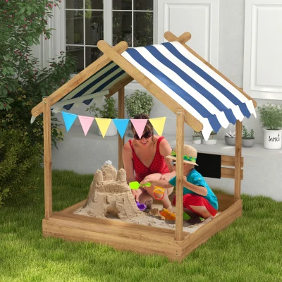 Outsunny Sandkasten mit Sonnenschutz, Spielhaus-Design, mit Spielzeug-Set, behandeltes Massivholz, 124 x 116 x 146 cm, Braun