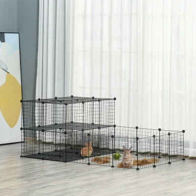 PawHut Freigehege aus Metall DIY Kleintierauslauf 2-stöckig Kleintierkäfig mit Tür und Leiter für Chinchilla Kaninchen Meerschweinchen 33 Platten Metallgitter Schwarz 175 x 105 x 70 cm