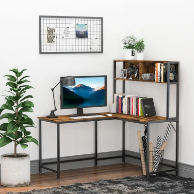 HOMCOM L Shaped Desk with Hutch Steel Frame 140x125cm Brown