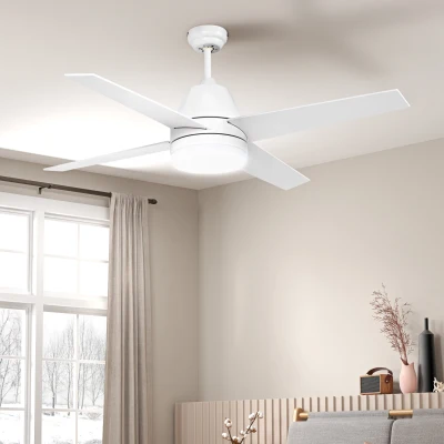 HOMCOM Ventilador de Techo con Luz 46W Ø129 cm Motor DC con 4 Aspas Reversibles Mando a Distancia y Temporizador Blanco