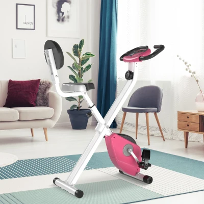 HOMCOM Bicicleta Estática Plegable con Resistencia Magnética Asiento con Altura Ajustable y Pulsómetro 43x97x109 cm Rosa