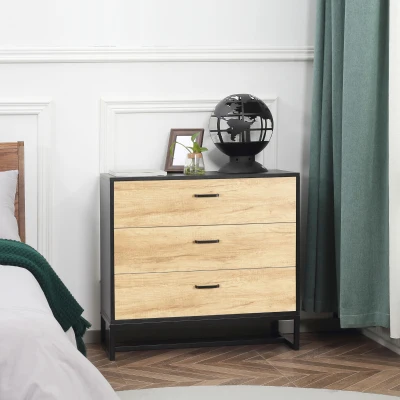HOMCOM 3-Drawer Storage Cabinet Steel Frame 80x35cm Natural