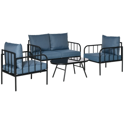 Outsunny Salon Jardin 4Pcs Canapé+Fauteuils Table Métal Bleu/Noir