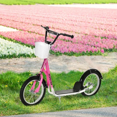HOMCOM Trottinette patinette Enfant Grandes Roues pneumatiques Guidon réglable Frein AV-AR Garde-Boue béquille Panier métal Rose Blanc