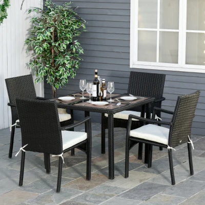 Outsunny Set 4 sedie e tavolo 90cm x 90cm x 72cm Rattan nero, Cuscini bianco crema