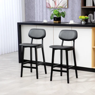 HOMCOM Set of Two Bar Stools Wooden Faux Leather Black