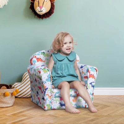 HOMCOM Sillón Infantil para +18 Meses con Estampado de Dinosaurios Acolchado de Espuma y Franela 50x39x44 cm Multicolor