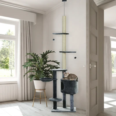 PawHut Kratzbaum deckenhoch Höhe 220-265 cm Katzenbaum mit Spielbälle, Katzenhöhle, Hängematte, Sisalstämme, Plattformen mehrstöckiger  Katzenkratzbaum Kletterbaum für mittelgroße Katzen, Dunkelgrau