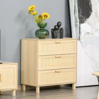 HOMCOM Cassettiera 3 Cassetti in Legno e Rattan Stile Boho Chic