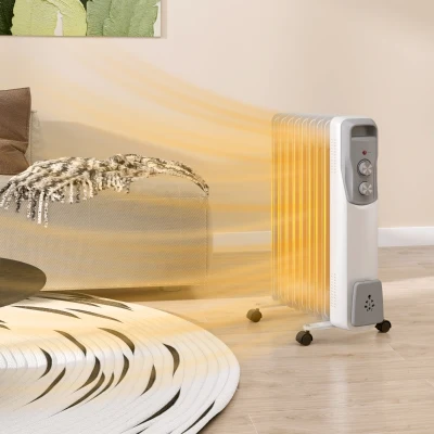 HOMCOM Radiador de Aceite Silencioso 2000W con Ruedas Temperatura Ajustable Protección contra Sobrecalentamiento Blanco