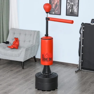HOMCOM Standboxsack Boxtrainingsgerät mit Reflexball, 360°-Drehstange, Saugfuß, Sand/Wasser befüllbar, Stehend Boxassistent mit Handschuhe, Luftpumpe Training Boxsack 88 x 48 x 155-205 cm