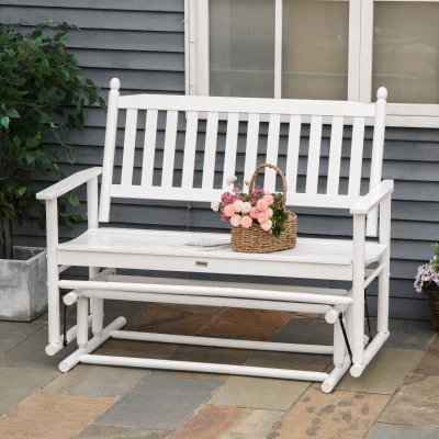 Outsunny Banco Balancín de Madera con Reposabrazos y Respaldo de Listones para Jardín Terraza Carga 250 kg 125x68,5x102 cm Blanco