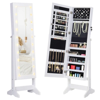 HOMCOM Espejo Joyero con 20 Luces LED Armario Joyero Reclinable con Guardajoyas Anillos Pendientes Collares 40x37x146 cm Blanco(m-10)