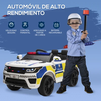 HOMCOM Coche Eléctrico Infantil de Policía Coche de Batería 12V con Mando a Distancia Bluetooth Luz USB Sirena Blanco(m-7)