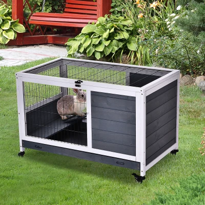 PawHut Clapier Lapin 2 Étages Roulettes Verrouillable Bois Gris