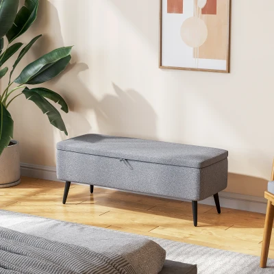 HOMCOM Banc Coffre Rangement Tissu Gris Pieds Acier Noir