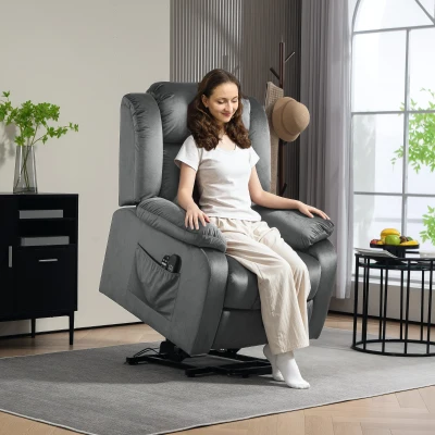 HOMCOM Aufstehsessel mit Massagefunktion und Lendenheizung, Recliner-Sessel mit Fernbedienungen und Seitentaschen, Grau