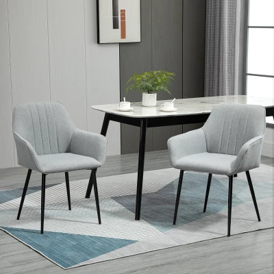 HOMCOM 2er Set Esszimmerstühle Essstühle Polsterstuhl mit atmungsaktivem Leinenbezug Wohnzimmerstuhl Sessel Küchenstuhl mit Rückenlehne Armlehne Leinen Hellgrau 59,5 x 56,5 x 81 cm