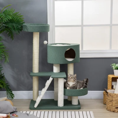 PawHut Árbol Rascador para Gatos Torre para Gatos con Camas Cueva Hamaca y Bolas Colgantes 70x50x114 cm Verde