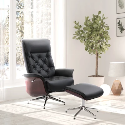 HOMCOM Relaxsessel mit Hocker Fernsehsessel Polstersessel 360° drehbar 145° neigbar mit Retro-Design Chesterfield PU-Bezug Holzverkleidung Metallfuß Schwarz 82 x 83 x 110 cm