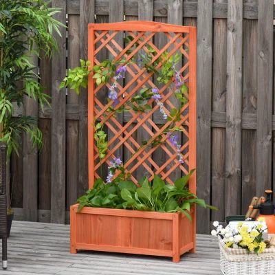 Outsunny  Hochbeet Blumenständer Garten Pflanzkasten mit Rankgitter Holz Rankkasten Gelb 60 x 30 x 122,5 cm