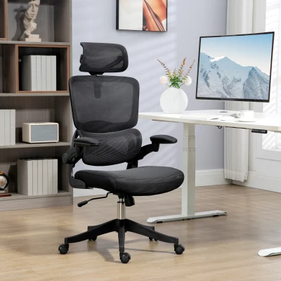 Vinsetto Bürostuhl Computerstuhl, 1 Kopfstütze, klappbare Armlehnen, 62 cm x 58 cm x 133 cm, Schwarz