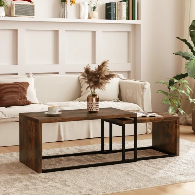 HOMCOM 2er-Set Couchtisch, Sofatisch, Beistelltisch, MDF, Metall, 90 x 48 x 42 cm/59 x 42 x 36 cm, Schwarz+Braun